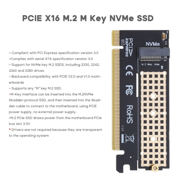 M2 til PCIE x16 Adapterkort Pci-e til m2 Converter Riser NVMe SSD Adapter m2 M-Key PCI-Express 3.0 Support 2230-2280-Perfet