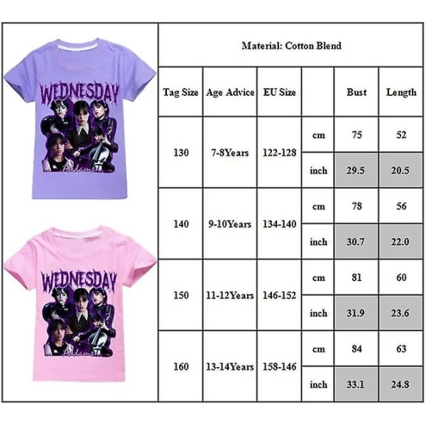 Onsdag Addams Drenge Piger Børn Casual T-shirts T-shirts med rund hals Kortærmede toppe 7-14 år - Perfet Pink 13-14 Years