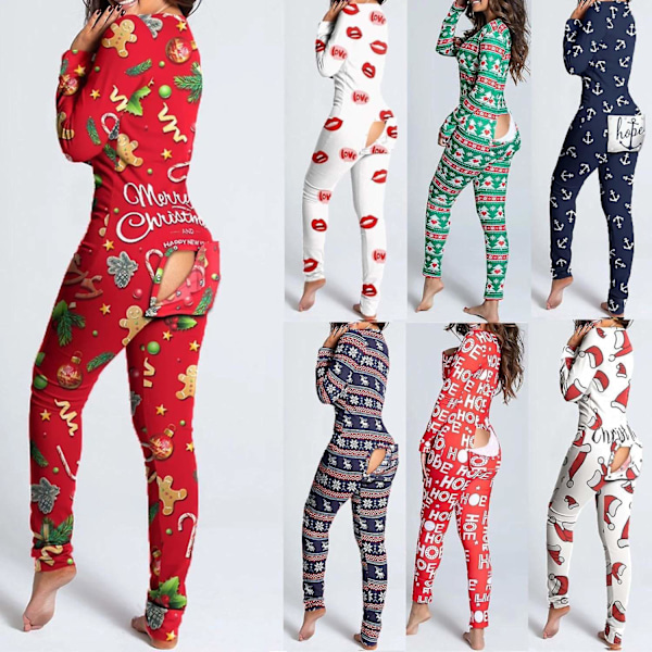 Sexy Pyjamas for Kvinner - Julepyjamas, Nyttårs Jumpsuit, Nattøy, Knappestolpe Foran og Bak, Åpen Rumpe, Jumpsuit med Juletrykk, Loungewear Red L