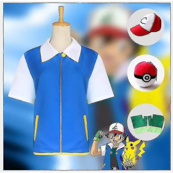 Ash Ketchum kostyme frakk lue hansker Poke Ball Anime Halloween kostymer - Perfet 4 PCS