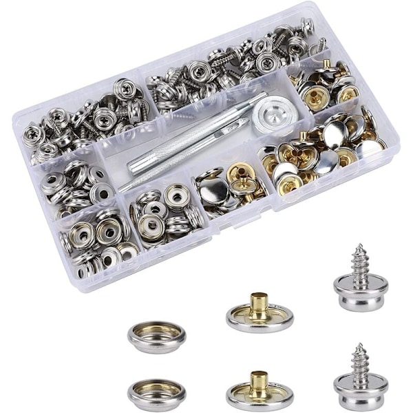 Pakke med 50 marine trykknapper i rustfritt stål med 2 installasjonsverktøy (10 mm), trykknapper, presenningstrykknapper, metalltrykknapper, presenningsskruer, stålpinner - Perfekt