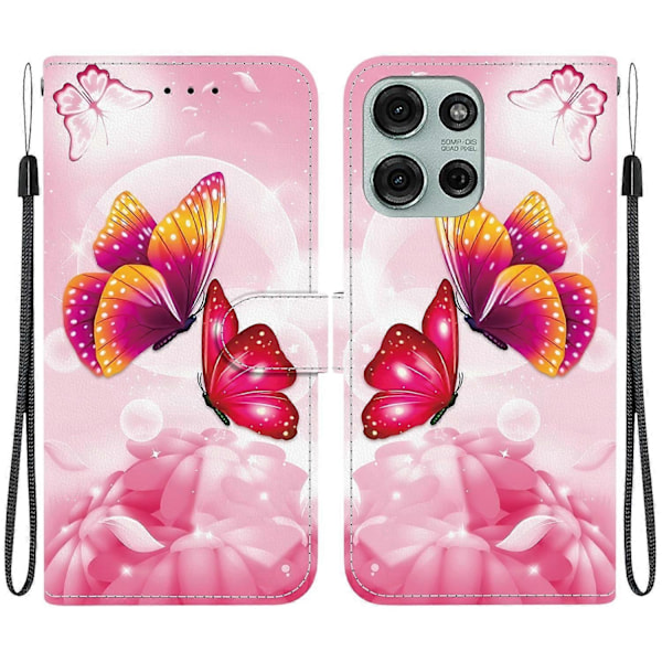 Tegnet Lærveske Kompatibel med Motorola Moto G75 5G-Perfet Pink Butterflies