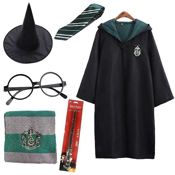 7-delad magisk trollkarl Harry Potter Cosplay-klänning med mantel och Hogwarts-skoluniform - Perfekt 6Pcs Green Aldut S