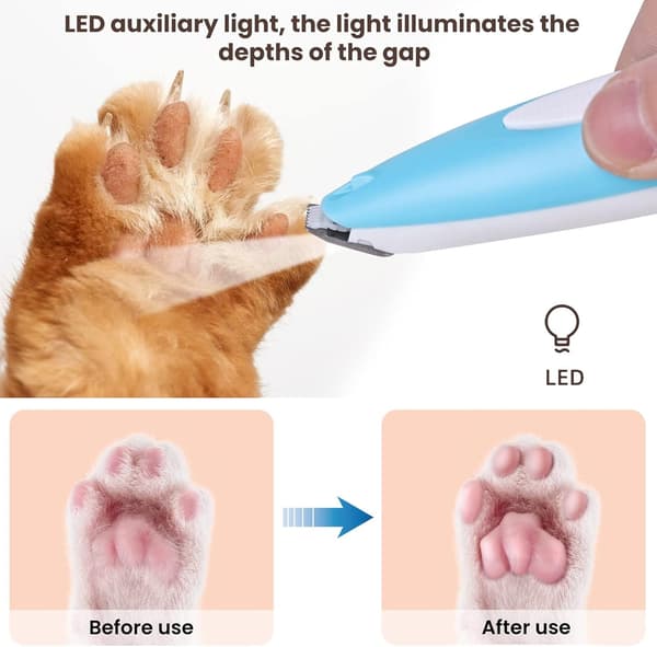 Tyst hund- och tass-trimmer med LED-ljus och kattljus - djurhår