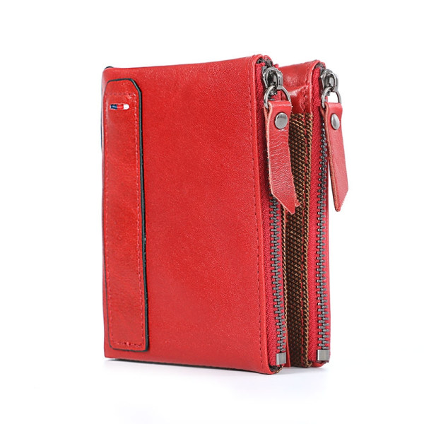RFID ægte læder pung Mænd kvalitetskort mønt tegnebog Dobbelt lynlås lomme pung Brand Design Vintage læder tegnebøger-Perfet Red