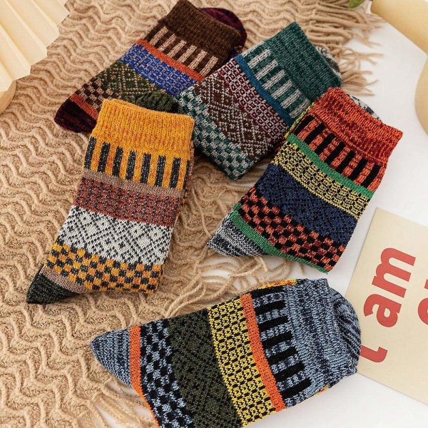 Tykke ullsokker for menn Termisk varme vintersokker Vintage mønstrede sokker 5 par flerfarget - Perfet