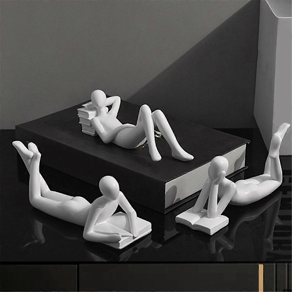 Nordisk Læsestatue Resin Figurer Skrivebordsindretning Skulptur Moderne Kunst Ornament Hjemmekontor Indretning - Perfekt White C