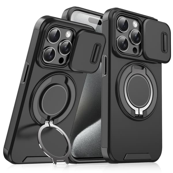 iPhone 16-deksel med telefonstativ og linsebeskytter, svart iPhone 16