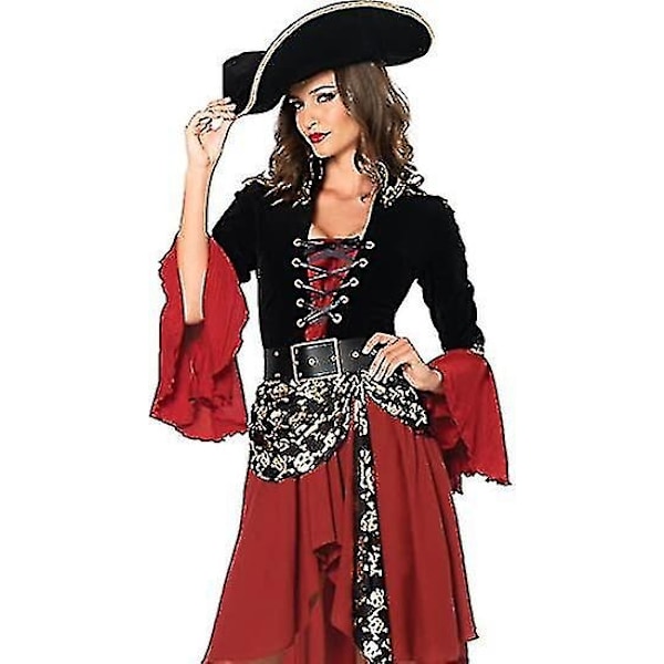 Kvinders 3-delt Cruel Seas Pirate Captain Kjole Kostume med Fastgjort Sash, Bælte, Hat, Sort/Burgunder-Perfet XL