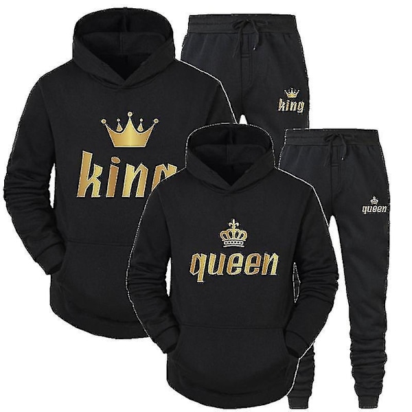 2023 Mode Par Sweatshirt Kung & Drottning Tryckt Par Hoodie Set med Huva och Byxor 2-pack Streetwear Kläder för Män och Kvinnor - Perfekt Navy Blue Queen S