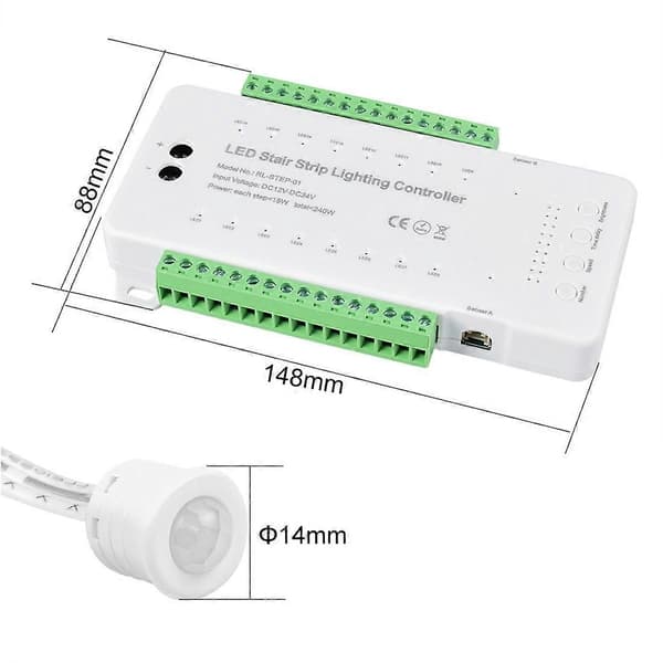 Dimbar Trappe LED Kontroller 16 Kanaler Dobbel PIR Bevegelsessensor Trinnlys Stripe Trapp Kontroller for Lampestripe(A)-Perfet A