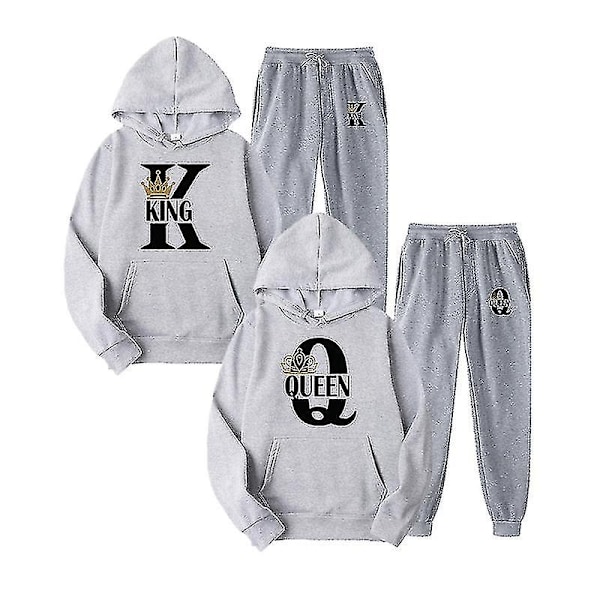 2023 Mode Par Sweatshirt Kong Dronning Trykt Elsker Hættetrøjer Sæt Hoodie og Sweatpants 2 stk. Sæt Streetwear Mænd Kvinder Tøj-Perfet Gray King 2 XXXL