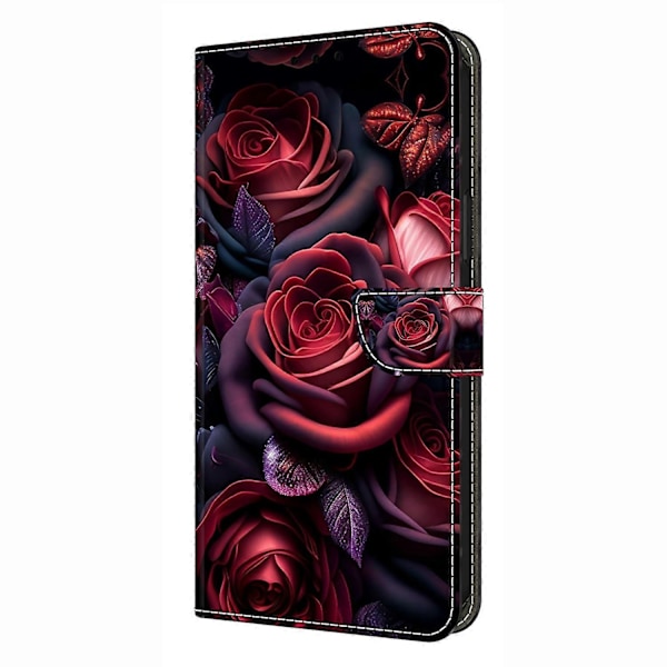 Yhteensopiva Samsung Galaxy S25 Lompakkokotelon kanssa, kuvioitu, seisontatuellinen nahkainen suojakotelo - Floral Butterfl-Perfet Black Rose