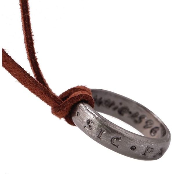 Uncharted 4 Nathan Drake gravert ringanheng halskjede med justerbar brunt skinnkjede (unisex) - Perfet