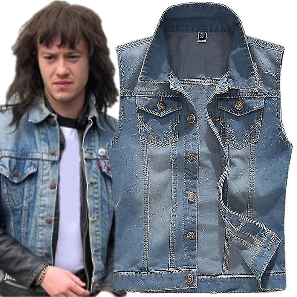 Stranger Things Eddie Munson Cosplay Kostym Hellfire Club Denim Väst Ärmlös Jacka Kappa Herr Halloween-Perfekt B XXXXXL