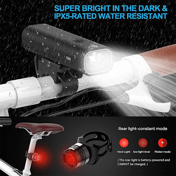 Sykkellyssett (front- og baklyssatt), LED-sykkellys, 2 lysmoduser, USB-oppladbar, vanntett, 400 lumen - Perfekt