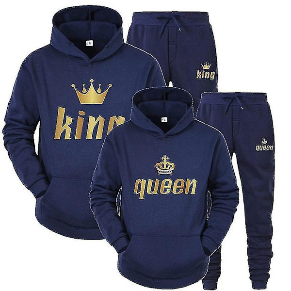 2023 Mode Par Sweatshirt Kung & Drottning Tryckt Par Hoodie Set med Huva och Byxor 2-pack Streetwear Kläder för Män och Kvinnor - Perfekt Gray Queen L