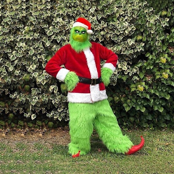 7-delad Grinch-kostym för julcosplay, vuxen Santa-kostymset + mask A-Perfet C S