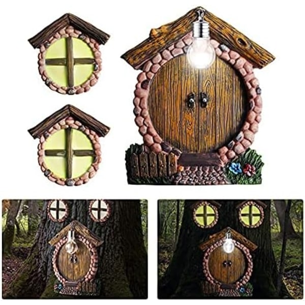 Miniature Fairy Gnome Home vindue og dør med lampe til træ - Perfet