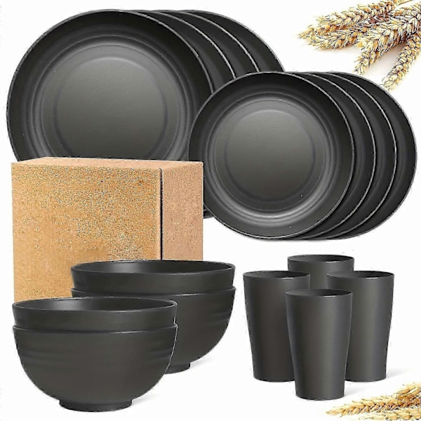 16 st/set Okrossbara Tallrikar, Supernal Matservis i Vetestrå, Mikrovågsugns- och Diskmaskinsäker, Återanvändbar Matservis, Svart-Perfet Beige 16-piece Set
