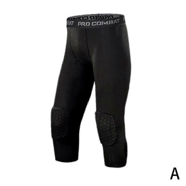 Män Säkerhets Anti-kollision Byxor Basketbollsträning 3/4 Tights Leggings med Knäskyddsskydd Sport Kompressionsbyxor-Perfekt Black M
