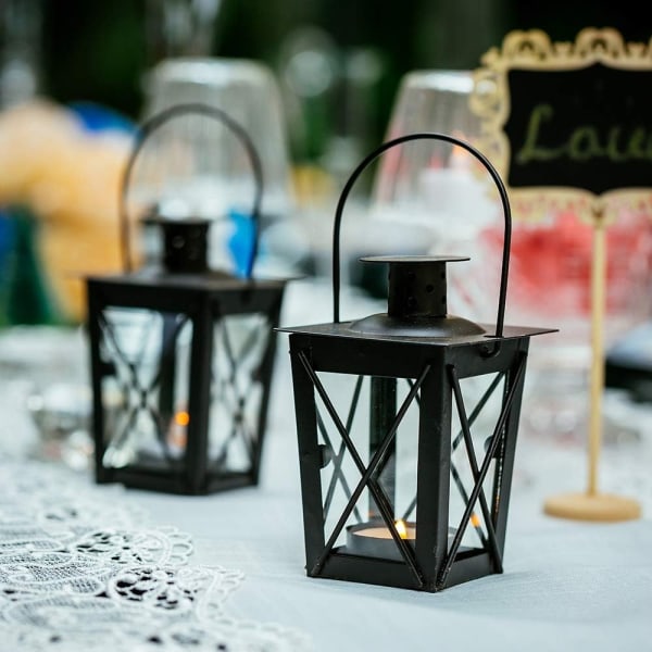 Glassgulv/hengende lykt, bærbar glasslykt, telys liten retro jernlykt, hengende lampe for dekorasjon av hjem/hage (svart, 4 stk)- Perfet