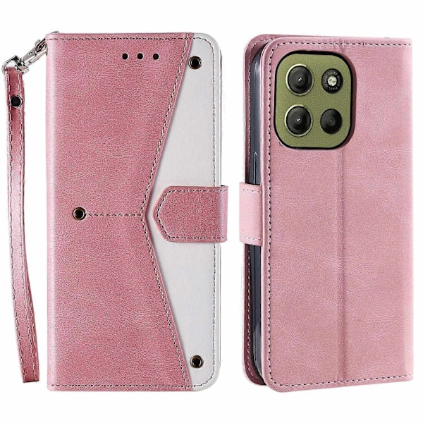 Motorola Moto G15 4G nahkakotelo, jossa on jatkettu sauma, lompakkoteline ja puhelinkuori hihnalla - Ruusu-Perfet Rose Gold