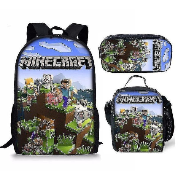 Minecraft Square People -koululaukku lapsille Penaalilaukku tai -reppu tai ateriakassi tai 3kpl (Reppu+Pencil Ba - Perfet