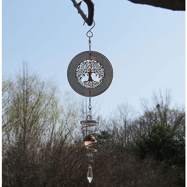 3d Livets Træ Pinwheel hængende med stirrende kuglespiralhale, 360 graders spindetræ Metalvindskulpturer - Perfet black