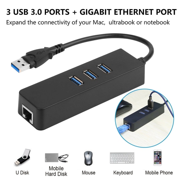 3-porter USB 3.0 Gigabit Ethernet Lan RJ45 nettverksadapter Hub T - Perfet Black