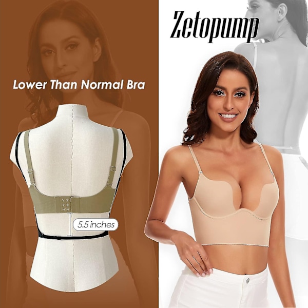 Lavrygget BH for kvinner - sømløs dyp U-plunge ryggløs BH konvertibel multiway lavt skåret åpen rygg BH halter BH-er - Perfet Nude 34A