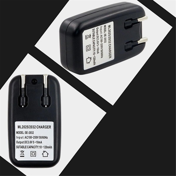 3.6V Batterilader Litium 2032 2025 Batterilader Adapter for ML2032 ML2025 Myntknappcelle Batteri EU-plugg-Perfet 0 0