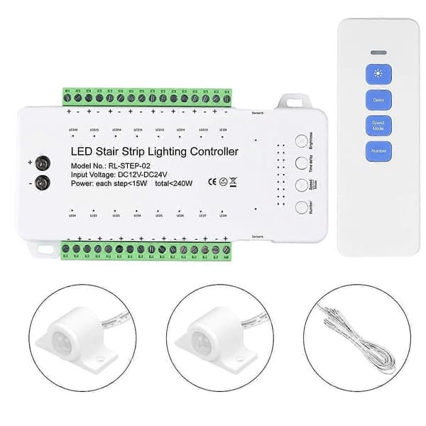 Dæmpbar Trappe LED Controller 16 Kanaler Dobbelt PIR Bevægelsessensor Trinlys Strip Trappekontrol til Lampestrip(A)-Perfet A