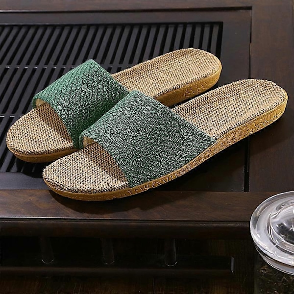 Par slippers i linned til hjemmet - tatami, trægulv, halm, rattan, sommer, skridsikker, indendørs - perfekt Green 35-36