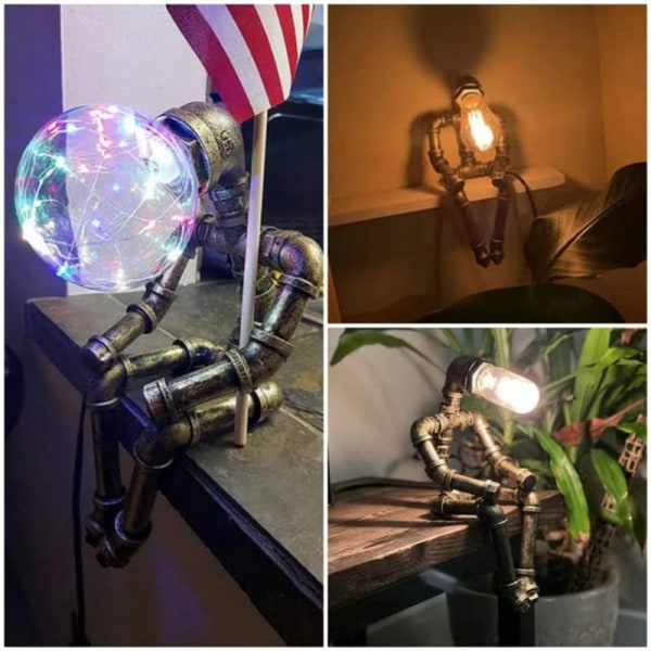 Steampunk-pöytälamppu, Vintage Industrial Bronze Tube Robot-pöytävalaisin Edison-polttimolla Creative Gifts - Perfet
