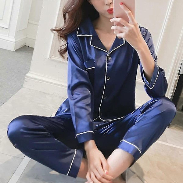 Dam Satin Silk Look Sovkläder Pyjamas Långärmad Nattklädesset-Perfet Blue M