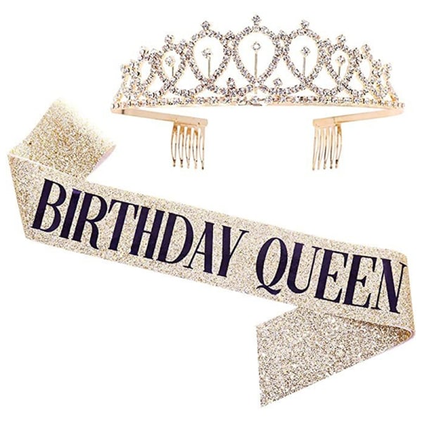 1 Set Bling Rhinestone Crown Tiara Sash Födelsedag Anniversary Par - Perfet Gold BIRTHDAY QUEEN