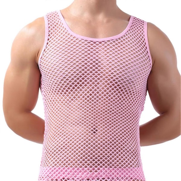 Fianao Herrarnas Underkläder Mesh Genomskinlig Pyjamas Fiskgarn Solid Färg Väst Sov Perfekt Pink L