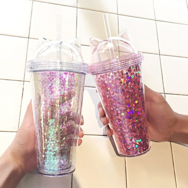 Isolerat dubbelväggglas med lock och halmglitter - Perfet Pink