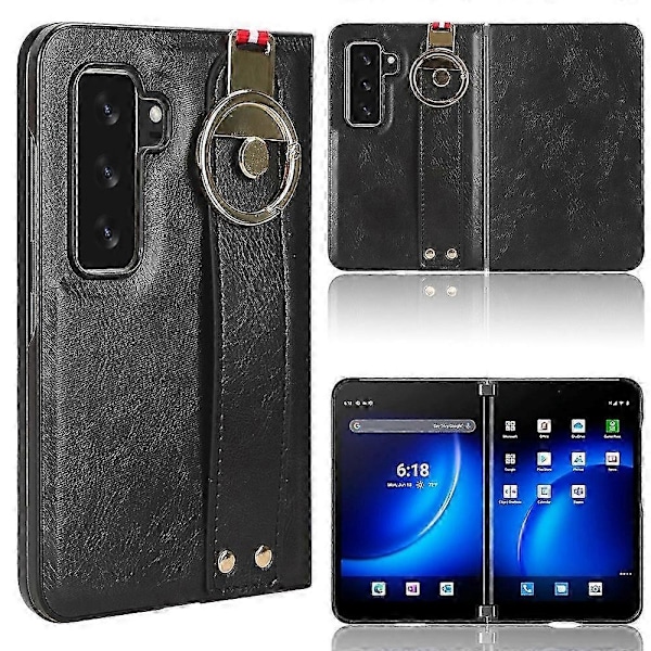Kompatibel med Microsoft Surface Duo 2 Läderbelagt Telefonskal PC+TPU Armbandsfodral med Halsrem - Perfet Black