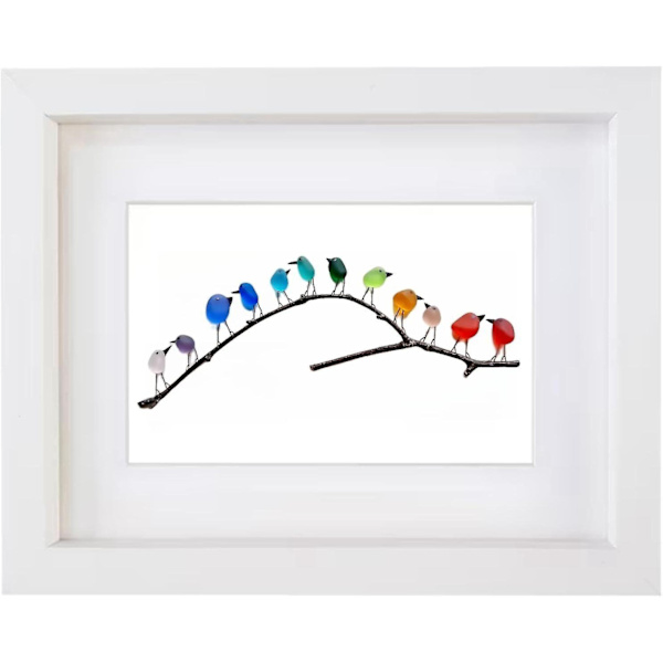 Havsglas Regnbågsfåglar, Havsglaskonst, Havsglas & Drivved Bild, Regnbågsfågel Väggdekor, Perfekt Present Passar Jul Födelsedag Halloween White Frame 12 Birds