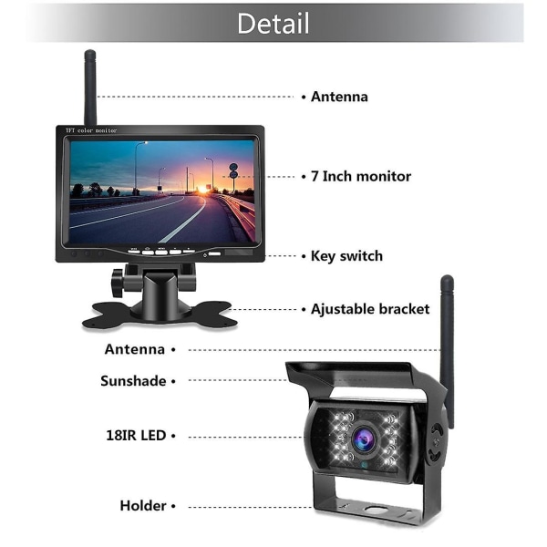 7-tums skärm trådlös bakre backup-kamera Night Vision System för bil Rv Truck Bus - Perfet