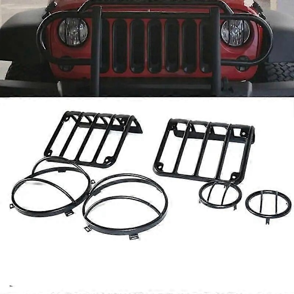 Skydd kompatibla med Jeep Wrangler JK tillbehör 7 tum främre strålkastare bakre bakljus främre blinkersskydd kompatibla med Jeep-Perfet Full set