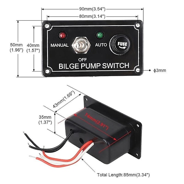 DC 12V Sikret Marine Bilgepumpe Kontaktspanel med LED-indikatorlys Manuel/Fra/Auto 3-vejs Toggle S-Perfet