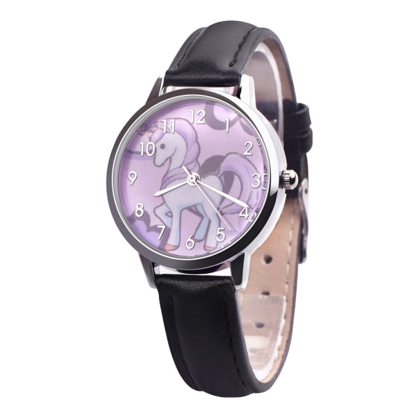 Unicorn Watch Barneklokke Rainbow Animal Barn Jenter Lærreim Analog Legering Kvarts Klokker Armbåndsur Black