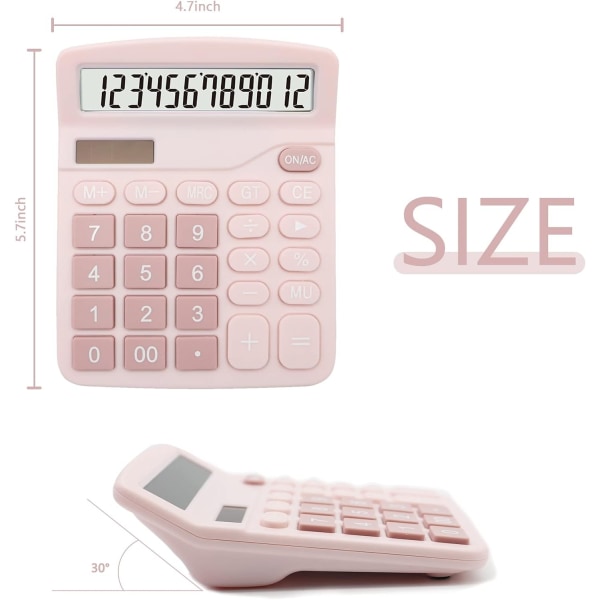 Rosa kalkulator, 12-sifret skrivebordskalkulator med stor LCD-skjerm - Perfet
