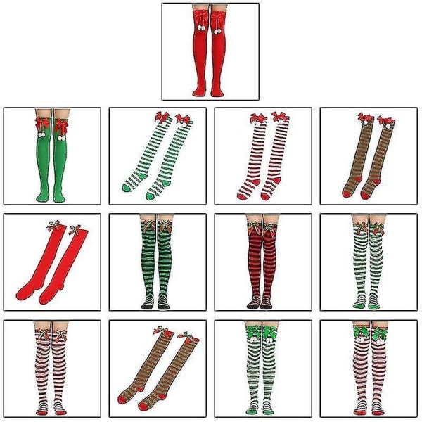 Joulunvihreät punaiset sukat raidalliset polven yli Bowknot pitkät sukat F3md - Perfet