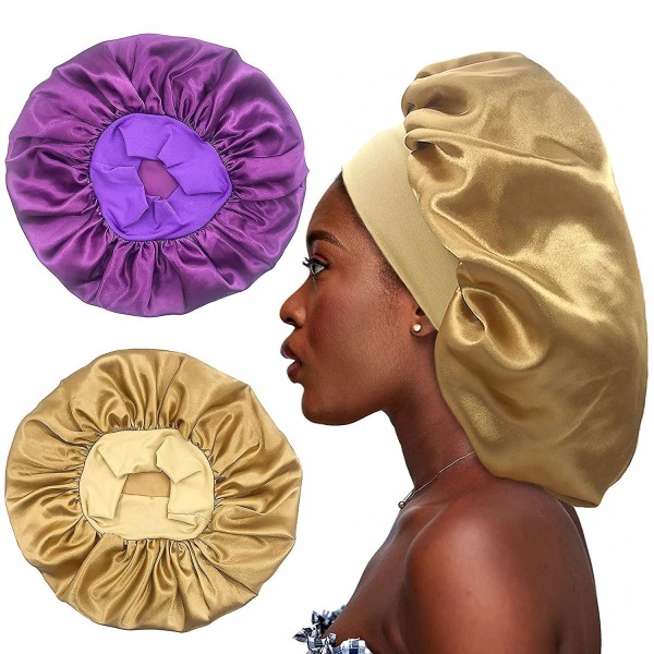 2 stk stor satenghette, hårinnpakning av silkebein for å sove, caps med elastisk mykt bånd (lilla, gull) - Perfet