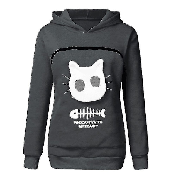 Sweatshirt med Kænguru-lomme til Katte-elskere - Hundedyr Pote Trøjer Kælelomme Sweatshirt Lomme Dyreører Hættetrøje - Perfekt Gray L