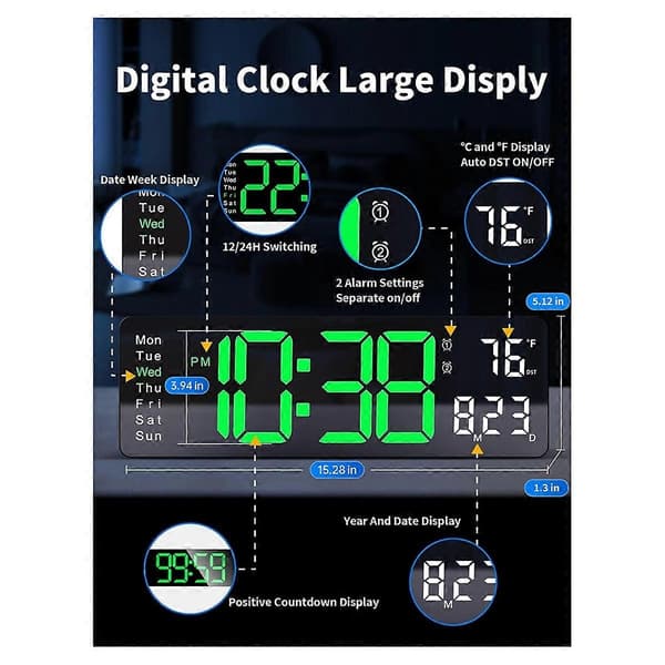 Digital Väggklocka, Stor Display Digital Klocka med Fjärrkontroll, -Perfet